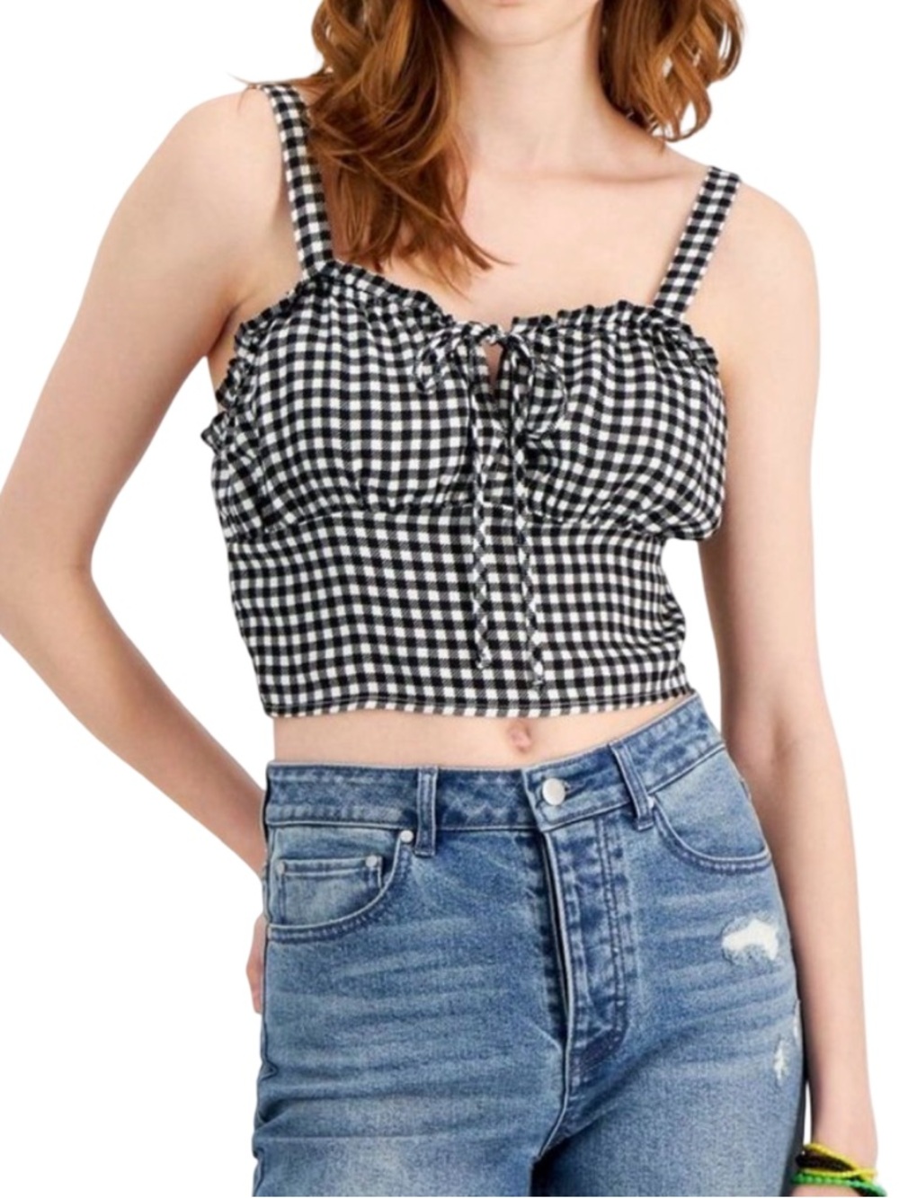 Hippie Rose Black & White Gingham Smocked Crop Top - Size Large